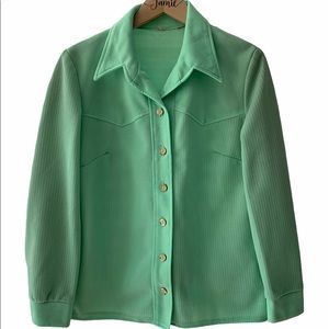70’s Polyester Mint Green Button Up Blouse sz 18